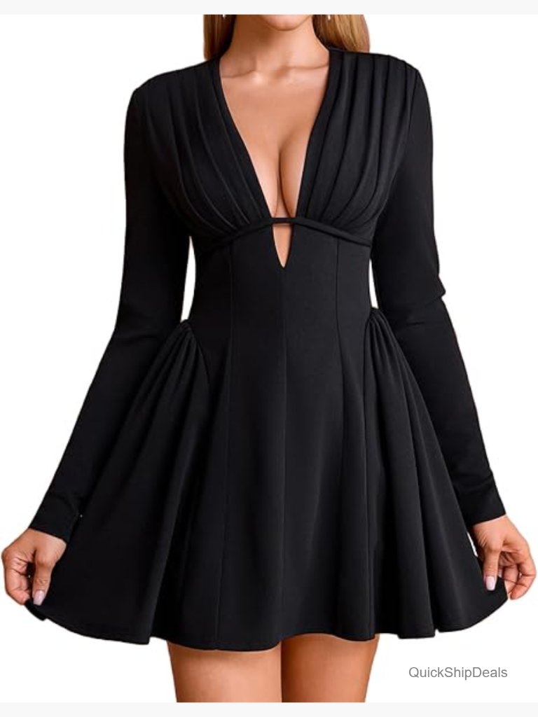 Long Sleeve Mini Dress V Neck A-Line Corset Party Cocktail